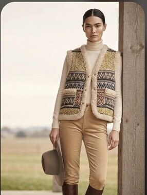easel Patterned Sherpa-Trim Knit Cardigan Vest in Mustard, Rust & Cream